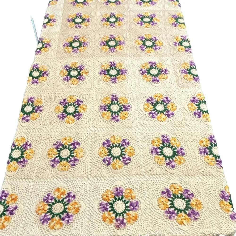 Vint Handmade Crochet Granny Square Bedspread Blanket Floral Purple Gold 82x62